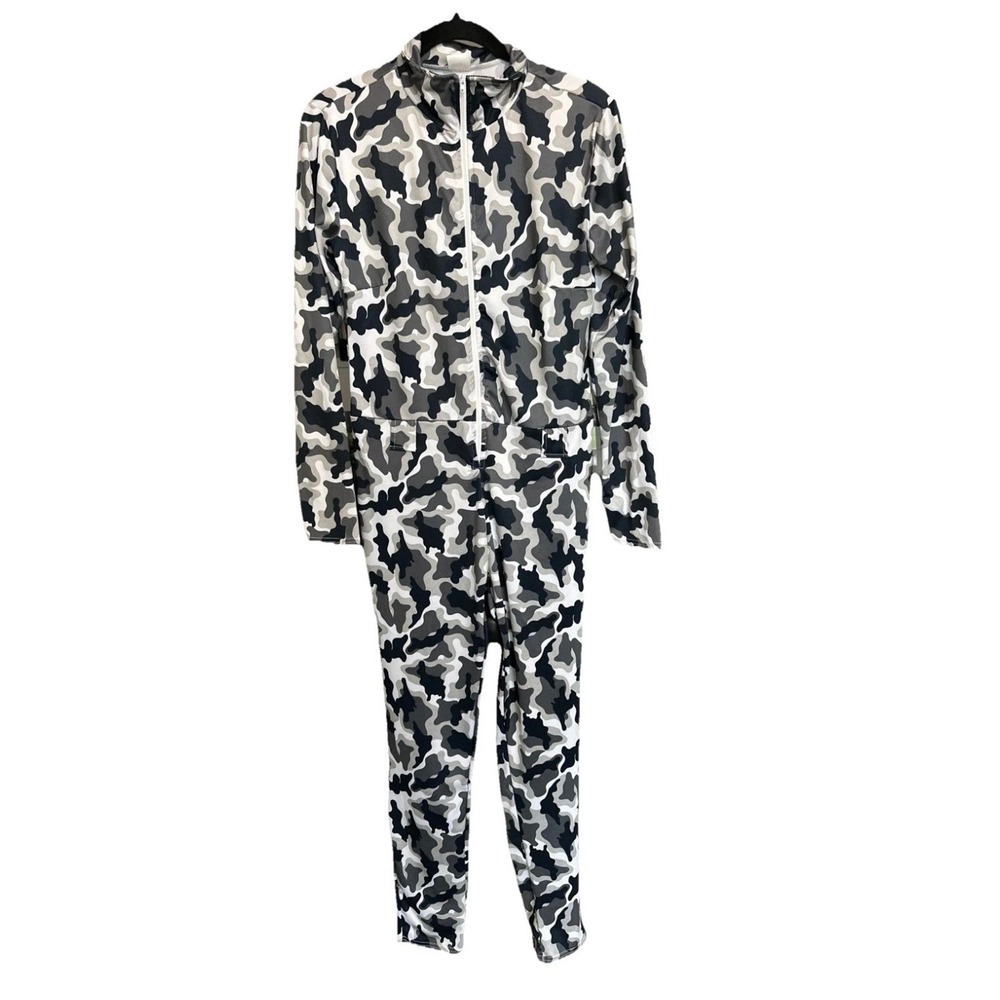 Spirit Halloween Camo Jumpsuit Womens Large Grey Black White Costume Bodysuit